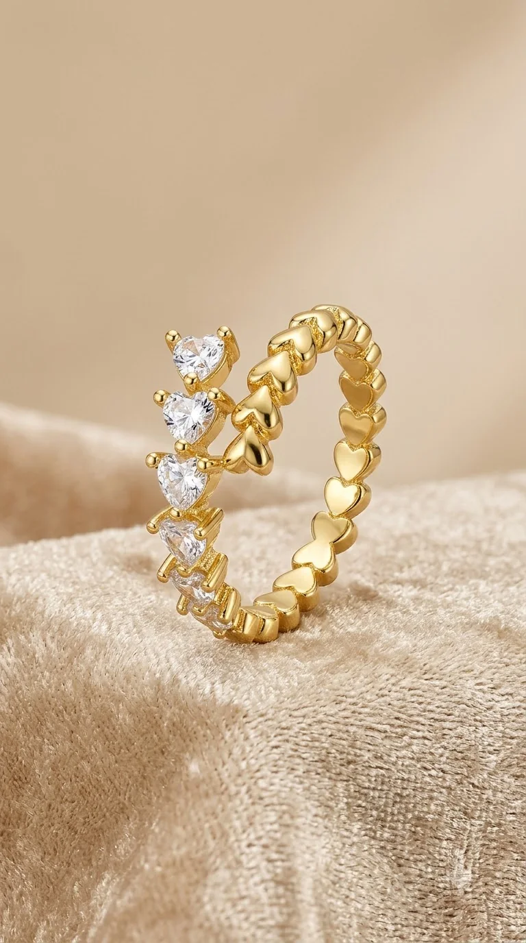 Gold adjustable open ring with polished hearts and heart-cut crystal stones on velvet
