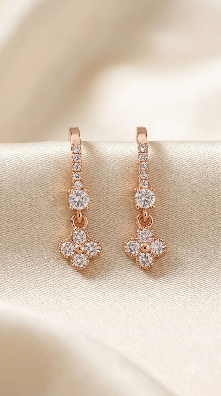 Rose gold hook earrings with crystal clover drop on cream satin
