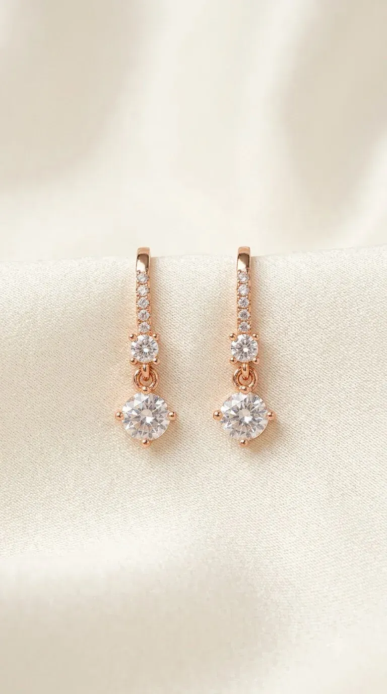Rose gold huggie earrings with pavé bar and round crystal solitaire drop on ivory satin
