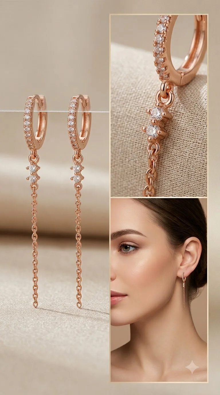 Moontrail Chain Earrings featuring sparkling crystal-studded hoops, delicate chain drops, and shimmering stone accents.