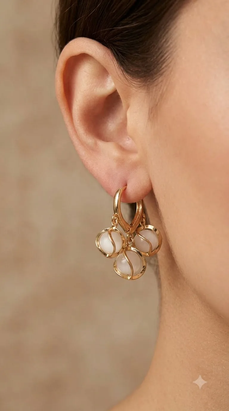 Gold-tone huggie hoop earrings with three pearl-white orbs in gold wire cages