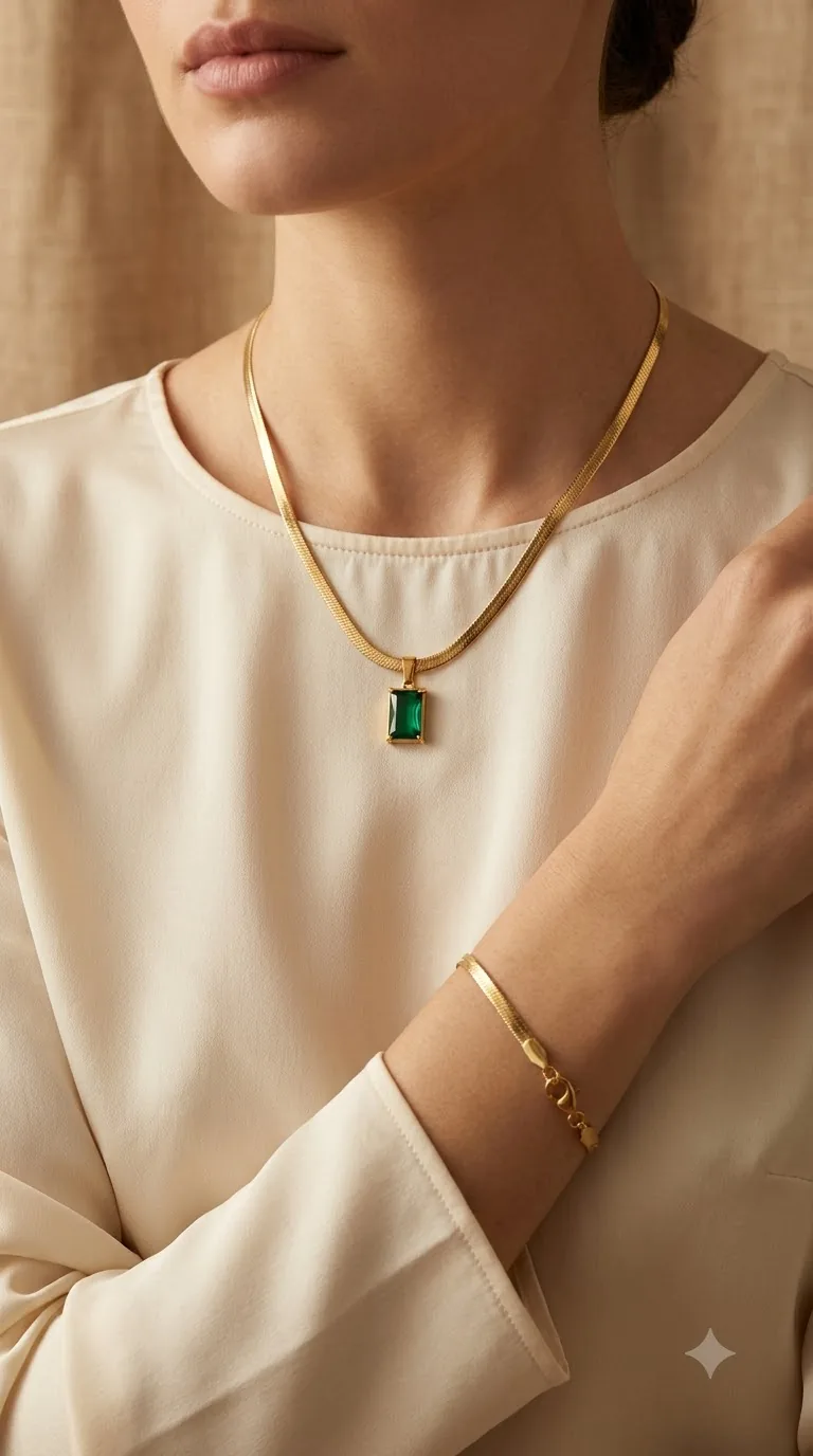 Gold-tone flat herringbone chain necklace with a rectangular emerald-green pendant