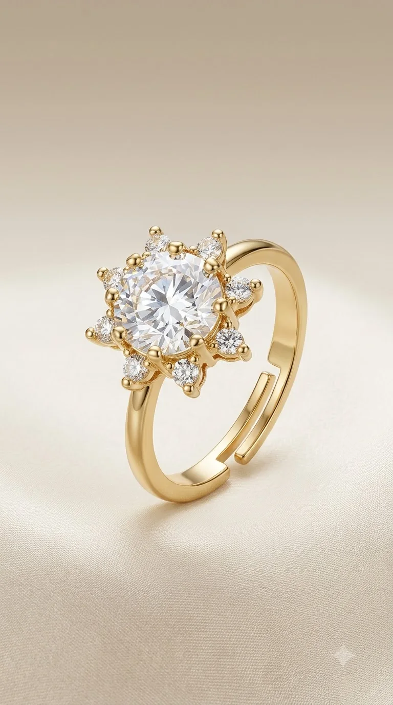 Gold adjustable ring with large round solitaire and starburst of pear-shaped crystals
