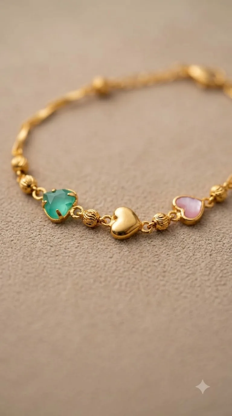 Gold-tone chain bracelet with mint-green, gold and pink heart charms