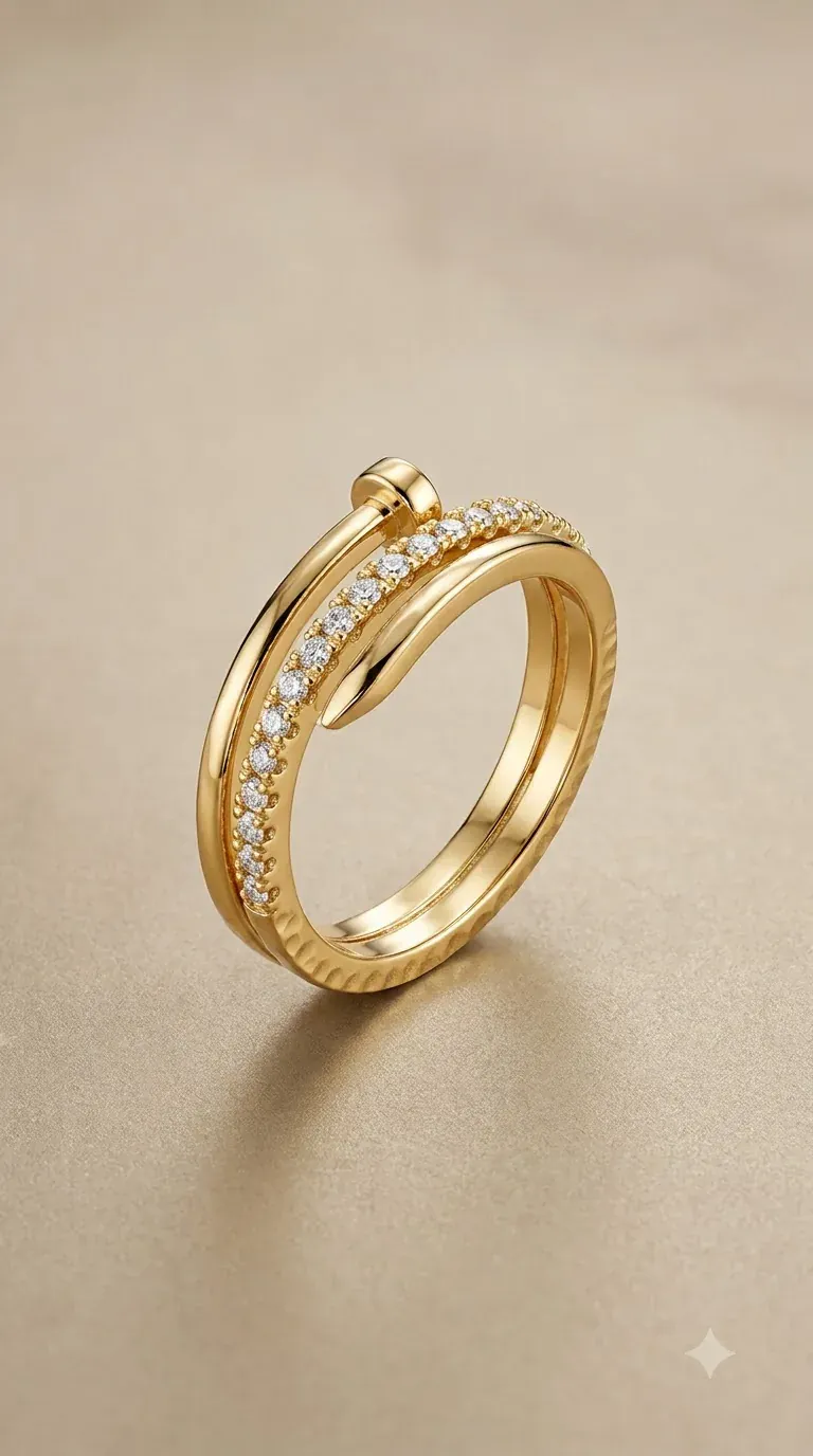 Gold nail-style wrap ring with a pavé crystal band on a beige gift box