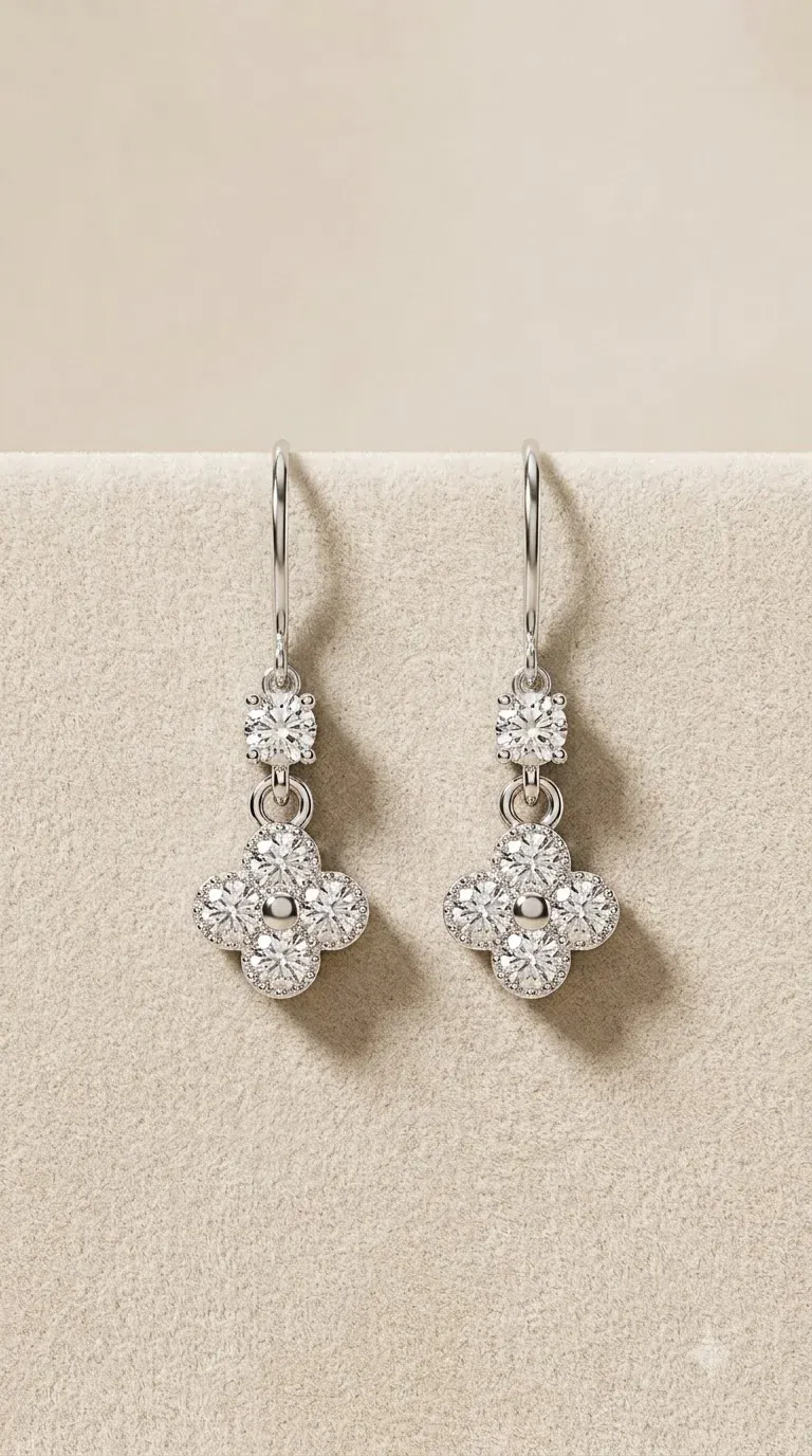 Silver hook earrings with crystal round stone and four-petal clover drop on beige fabric