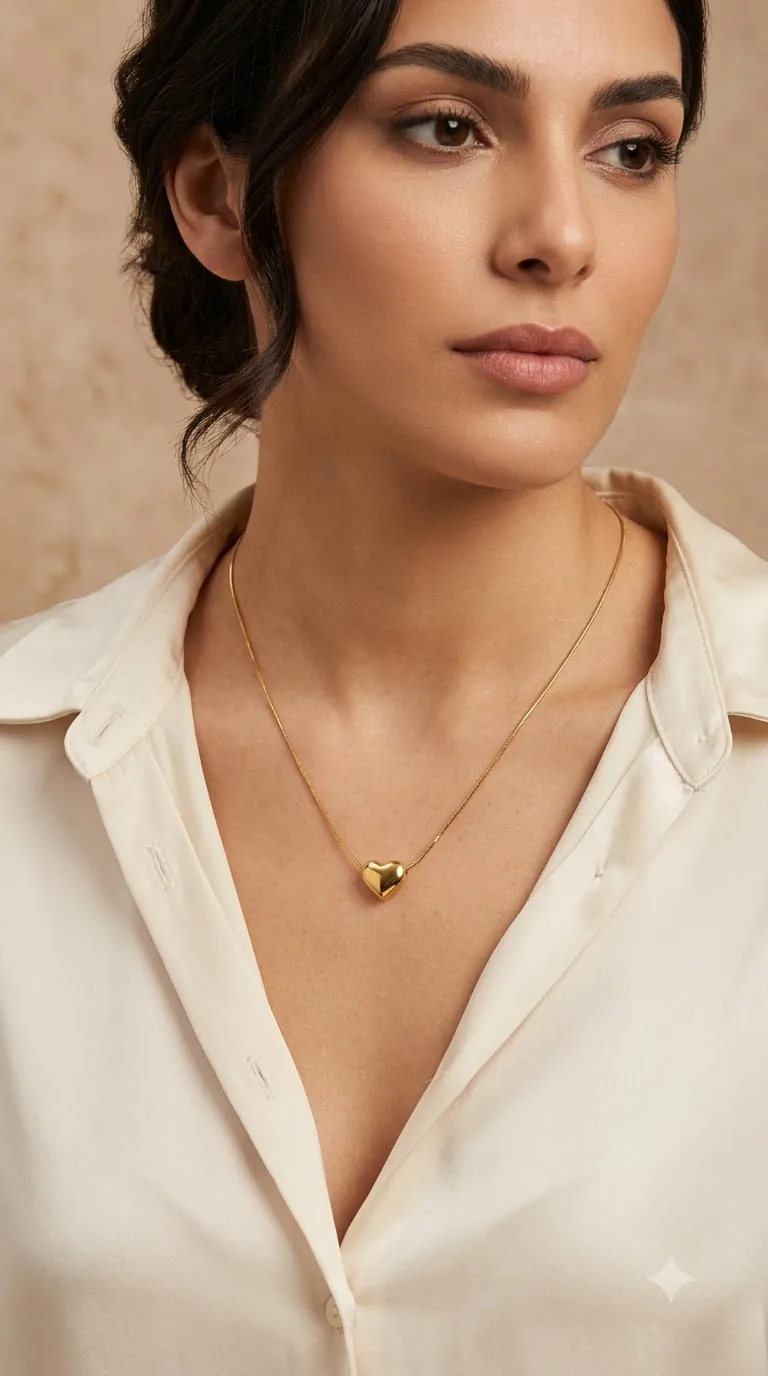 Gold-tone puffed heart pendant on a fine chain necklace