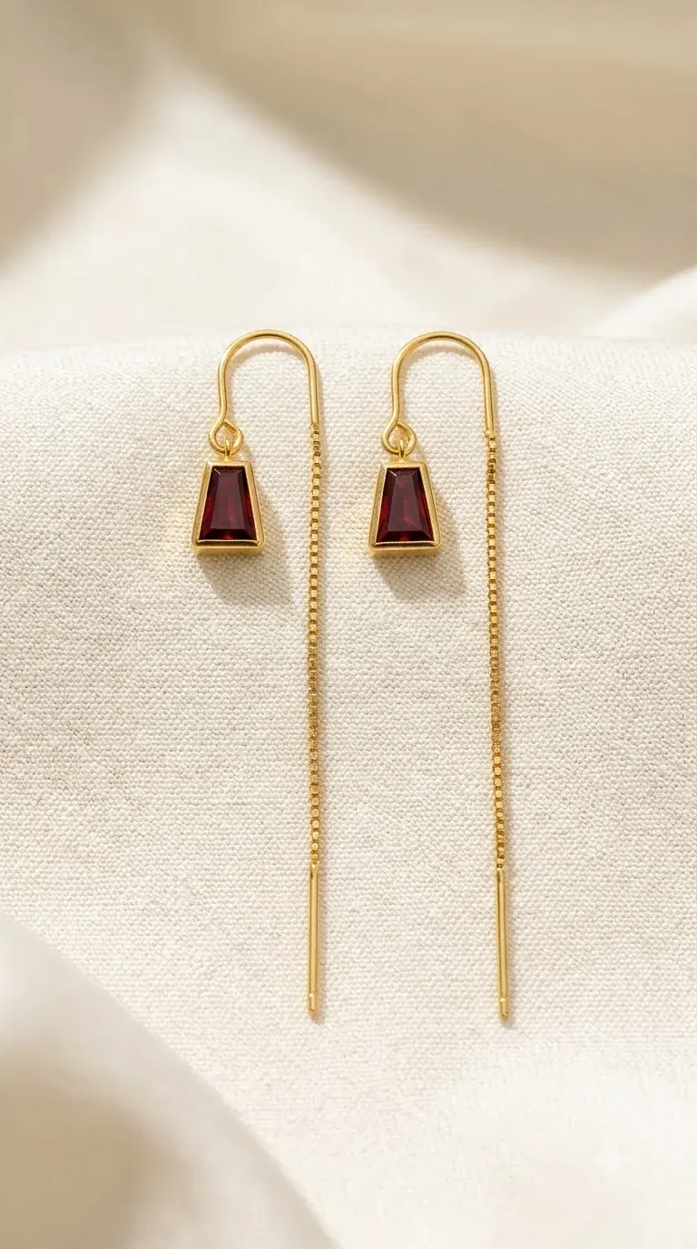 Gold threader earrings with ruby-red tapered stone on ivory satin