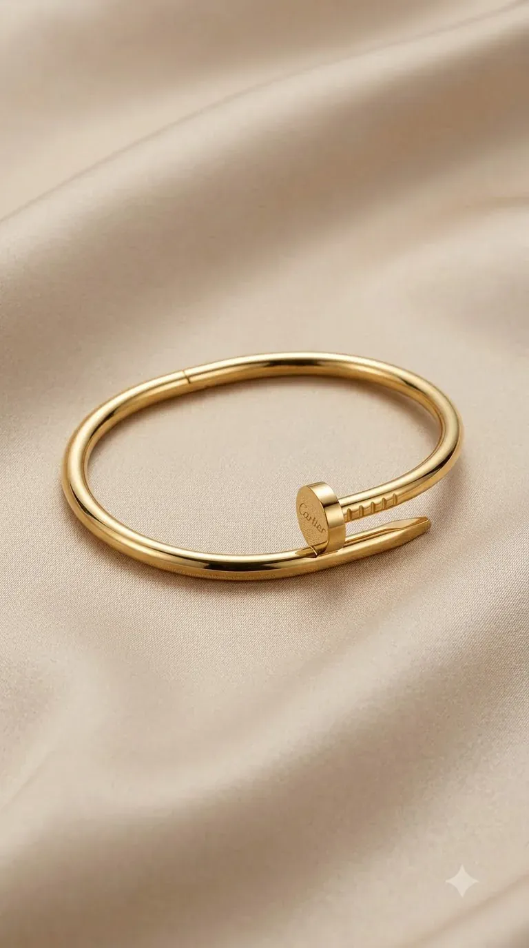 Polished gold nail-style cuff bangle on beige fabric