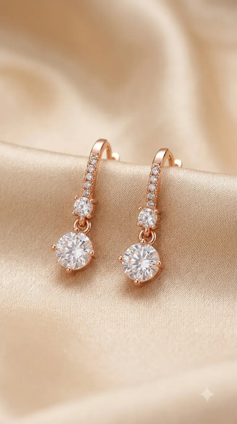 Rose gold pavé bar earrings with round solitaire crystal drop on champagne satin