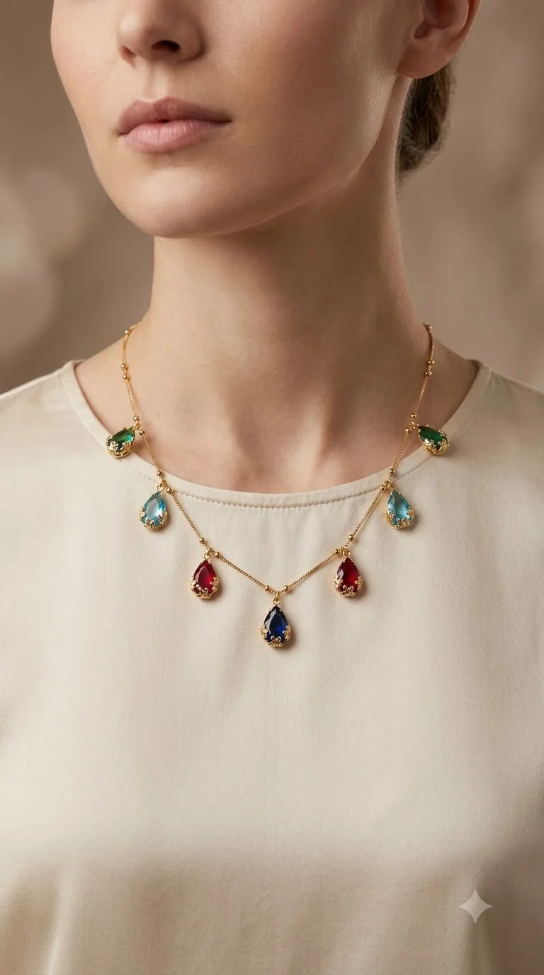 Gold-tone chain necklace with green, aqua, red and blue teardrop stones